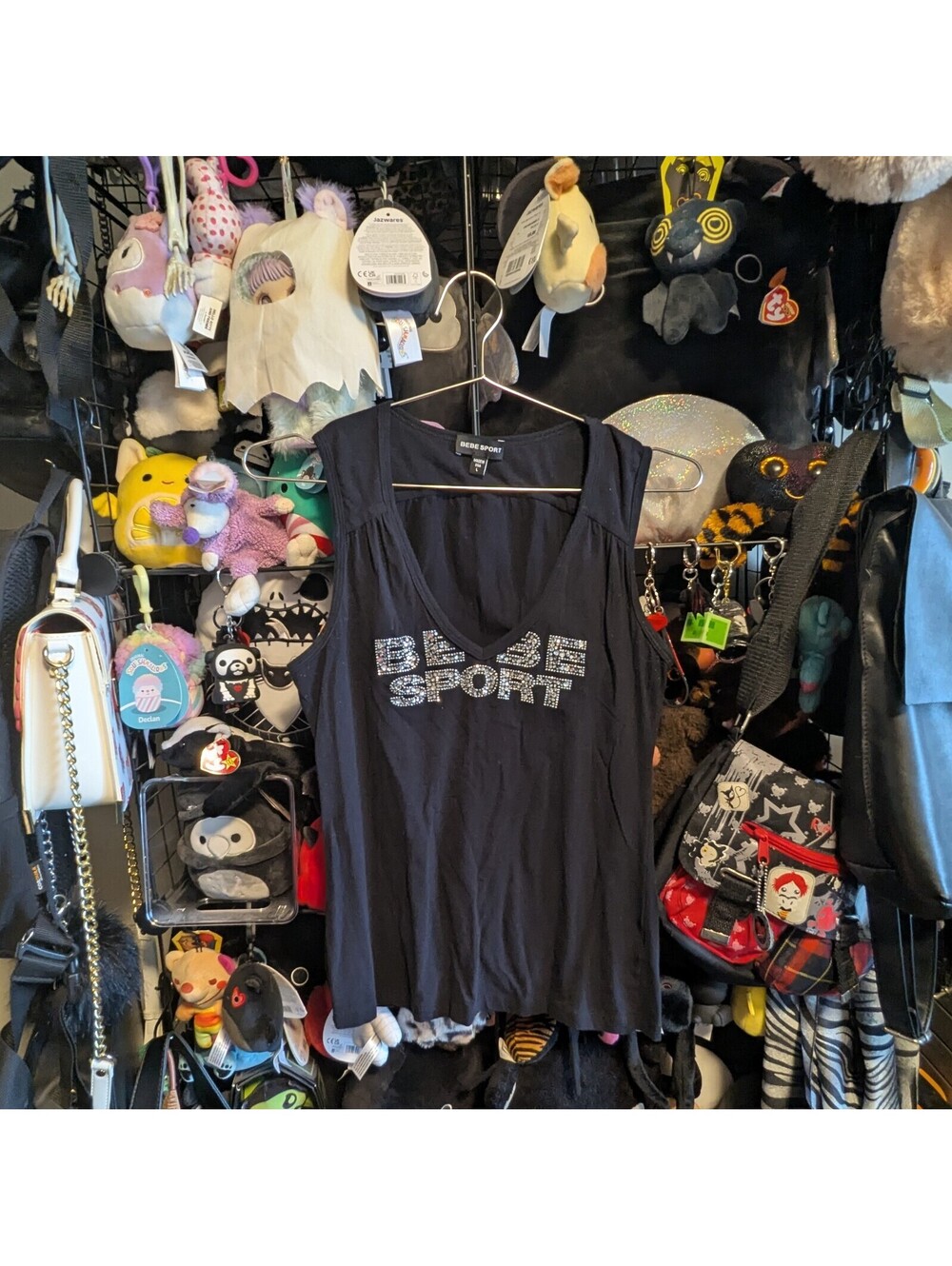 Bebe Sport Y2K Black Rhinestone Logo V Neck Tank Top